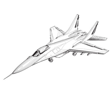 recommend clip art: Military fighter jet outline. Vector art illustration of contour airplane. Modern war aircraft. Supersonic speed. 3D.