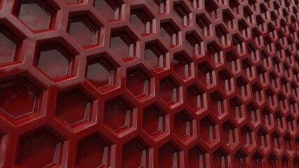 Hexagonal Pattern background, 3D, red shiny material