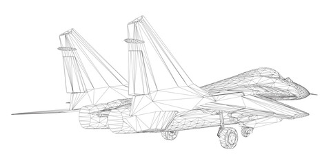 Military fighter jet wireframe. Vector art illustration of wireframe airplane. Modern war aircraft. Supersonic speed. 3D..