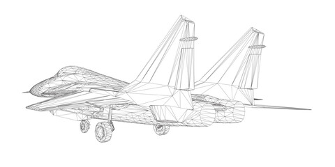 Fototapeta premium Military fighter jet wireframe. Vector art illustration of wireframe airplane. Modern war aircraft. Supersonic speed. 3D..