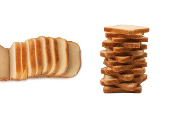 Delicious bread slices isolated on a white background, top view.