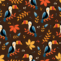 Toucan birds and autumnal leaves seamless pattern. Good for textile print, wallpaper, wrapping paper, label, cover, and other gifts design