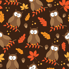 Owl birds and autumnal leaves seamless pattern. Good for textile print, wallpaper, wrapping paper, label, cover, and other gifts design