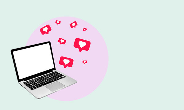 Art collage, computer hearts on a light background. Algorithm giving likes hearts reaction social media notebook