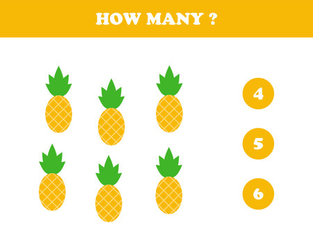 How many, worksheet for kids, pineapple, vector, pineapple and numbers.