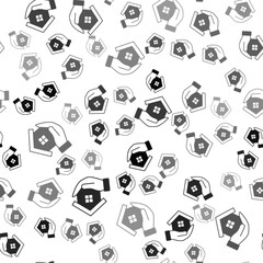 Black House in hand icon isolated seamless pattern on white background. Insurance concept. Security, safety, protection, protect concept. Vector