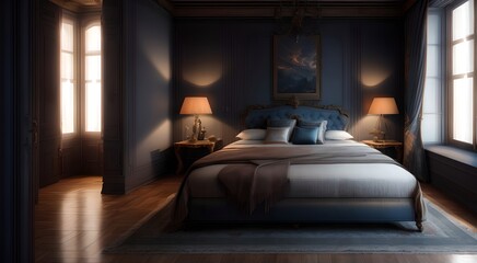 Fototapeta premium Comfortable bed in contemporary room [AI Generated]