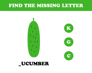 Find the missing letter worksheet for kids, cucumber, vector. Cucumber, inscription cucumber with a missing letter.