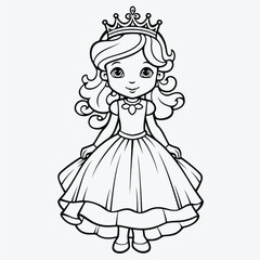 Simple Kids Coloring Page: Flat Vector Illustration of a Cute Princess with Crisp Lines