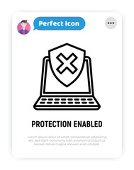Protection enabled thin line icon. Opened laptop is protected by shield with cross mark. Vector illustration.
