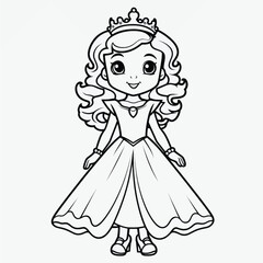 Simple Kids Coloring Page: Flat Vector Illustration of a Cute Princess with Crisp Lines