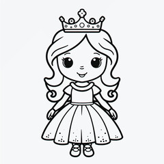 Simple Kids Coloring Page: Flat Vector Illustration of a Cute Princess with Crisp Lines