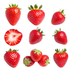 set of strawberries isolated on transparent background cutout