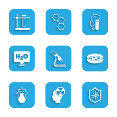 Set Microscope, Head and radiation symbol, Shield protecting from virus, Petri dish with bacteria, Chemical explosion, formula for H2O, and Test tube flask stand icon. Vector