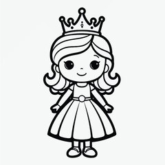 Simple Kids Coloring Page: Flat Vector Illustration of a Cute Princess with Crisp Lines