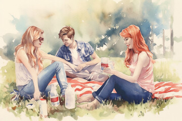A group of friends enjoying a picnic in a park with American flags all around, watercolor style, independence Day Generative AI