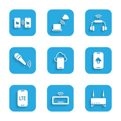 Set Cloud technology data, Computer keyboard, Router and wi-fi signal, LTE network, Wireless microphone, Smart headphones system and Data transfer storage icon. Vector