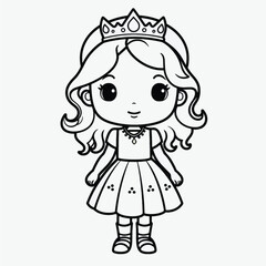 Simple Kids Coloring Page: Flat Vector Illustration of a Cute Princess with Crisp Lines