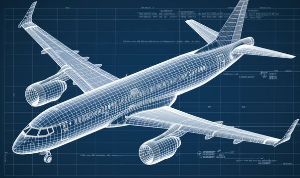 In-depth technical illustration of a plane's components depicted in a blueprint. Creating using generative AI tools