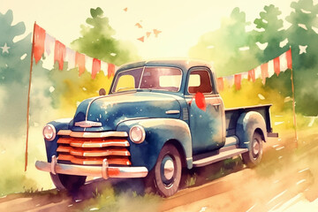 A vintage pickup truck decorated with flags and bunting, watercolor style, independence Day Generative AI