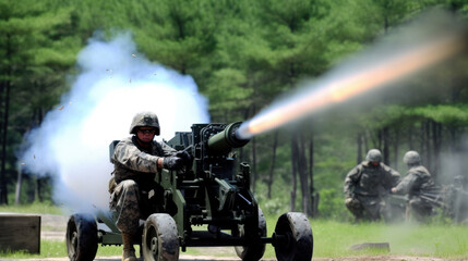 Fototapeta na wymiar Soldier Firing a Cannon During a Training Session, generative ai