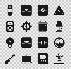 Set Electric tower line, meter, Table lamp, Voltmeter, Gear and lightning, Music player, Battery charge and Car battery icon. Vector