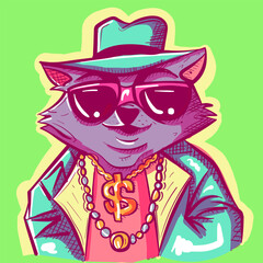 Digital art of a boss raccoon wearing sunglasses, a dollar sign necklace,a fedora and a suit. Gangsta detective animal in cool clothing.