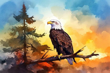 A majestic bald eagle perched on a tree branch against a vibrant sky, watercolor style, independence Day Generative AI