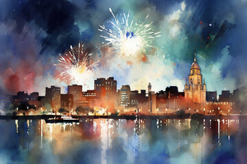 Fototapeta na wymiar A panoramic view of a city skyline with fireworks lighting up the night, watercolor style, independence Day Generative AI