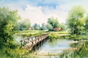 Fototapeta premium A serene countryside landscape with a peaceful river and a wooden bridge, watercolor style, independence Day Generative AI