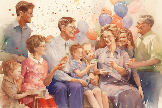 A joyful family reunion with multiple generations celebrating together, watercolor style, independence Day Generative AI