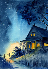 Watercolor illustration of a village cottage among the trees and shrubs with a trail in front of it at night