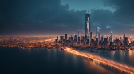 Naklejka premium Urban landscape with towering buildings [AI Generated]