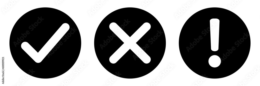Poster vector set of flat round check mark, x mark icons, exclamation point. checkmark, exclamation round s