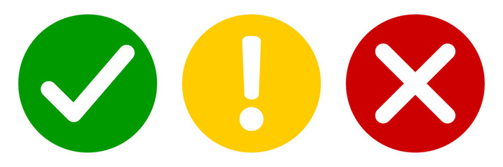 Obraz premium Vector set of flat round check mark, X mark icons, exclamation point. Checkmark, exclamation round sign, X mark -stock vector. Vector illustration in color green, yellow, red and white