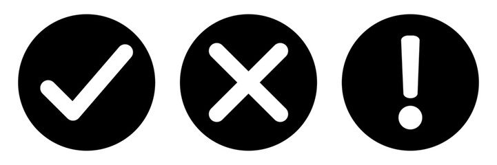 Obraz premium Vector set of flat round check mark, X mark icons, exclamation point. Checkmark, exclamation round sign, X mark -stock vector. Vector illustration