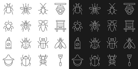 Set line Fly swatter, Bee, Hive for bees, Cockroach, Mosquito, Spider, Beetle bug and icon. Vector