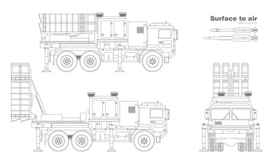 Outline drawing of air defense missile system. Surface to air rocket weapon industrial blueprint. Anti aircraft military launcher. Front and side view of army truck