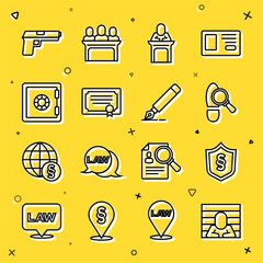 Set line Prisoner, Justice law in shield, Footsteps, Judge, Certificate template, Safe, Pistol or gun and Fountain pen nib icon. Vector
