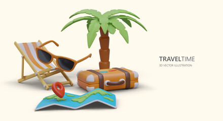 Professional help in organizing vacation. Ready programs for recreation, best beaches, comfortable hotels. Services of tourist operator. Advertising poster in cartoon style