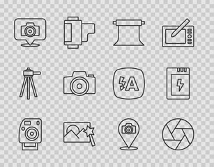Set line Photo camera, Camera shutter, Empty photo studio, retouching, and Battery for icon. Vector