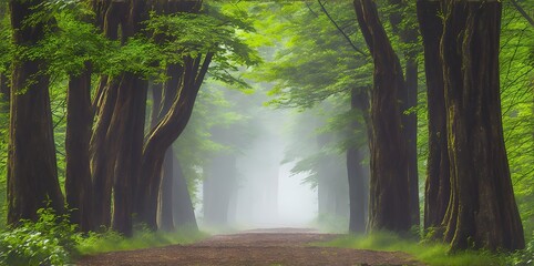 Green trees in the forest or park. Path through the forest, path in the park.
