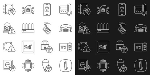 Set line Thermostat, Multimedia and TV box receiver, Robot vacuum cleaner, Digital door lock, Router wi-fi signal, Ringing alarm bell, and icon. Vector