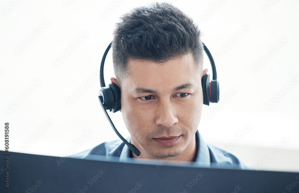 Poster man, face with callcenter and phone call, crm and headset for communication, technology and contact 
