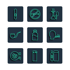 Set line Tobacco leaf shop, Lighter, Electronic cigarette, Hookah, Vape liquid bottle, No pipe smoking, Cigar and Man icon. Vector