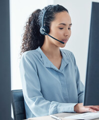 Woman, callcenter and phone call with CRM and headset, communication, technology and working at...