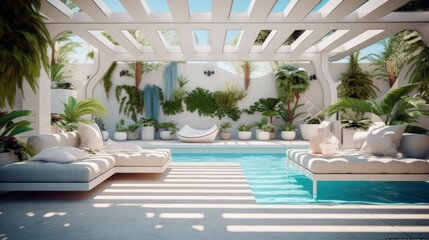 Exquisite interior lounge area near the swimming pool with sun loungers generative AI image