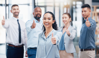 Smile, group of business people in portrait with thumbs up and pride at human resources company....