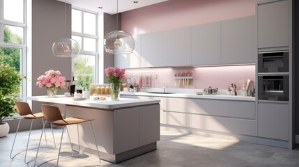 Fototapeta premium interior of spacious kitchen in a minimalist style, in light tones and fiery wind window. generative AI image