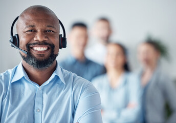 Black man, callcenter and customer service, smile in portrait with leadership and communication, headset and mockup space. Contact us, CRM and help desk with happy male consultant and team leader